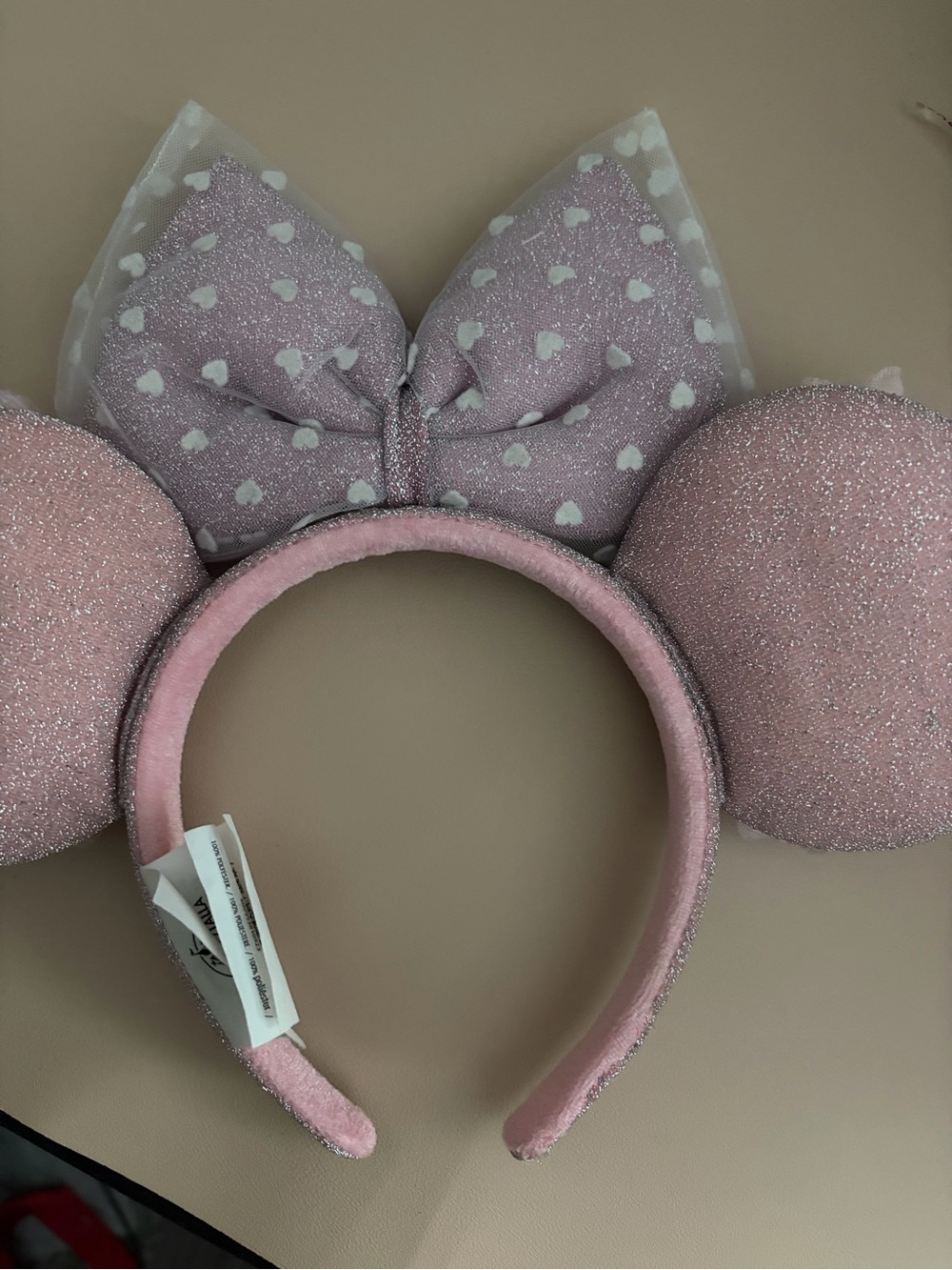 Disney Parks Pink Sparkle Minnie Mouse Ears Headband with Floral & Hearts Bow - Picture 10 of 12